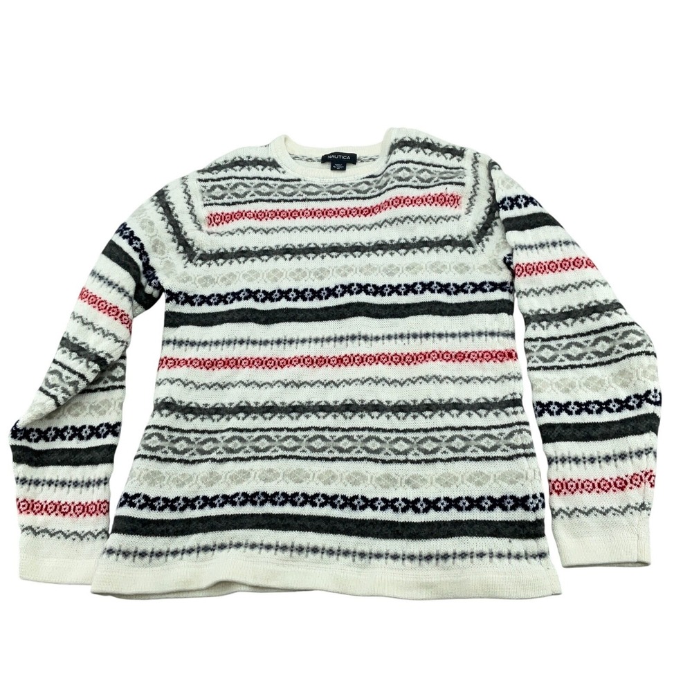 Nautica Sweater Women Medium Gray White Fair Isle Stripe Boho Ski Cotton Wool